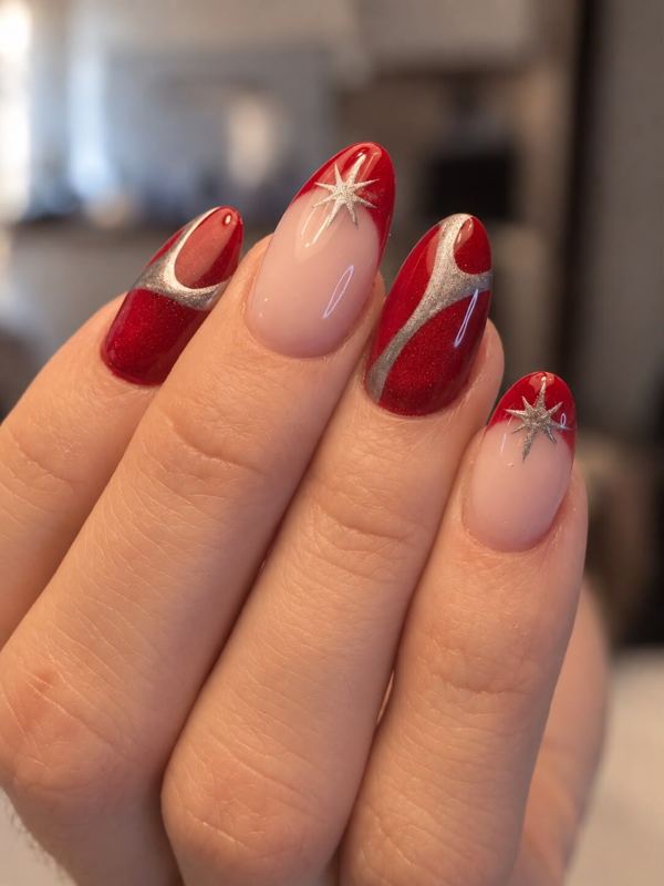Nail art rouge et étoiles argentées